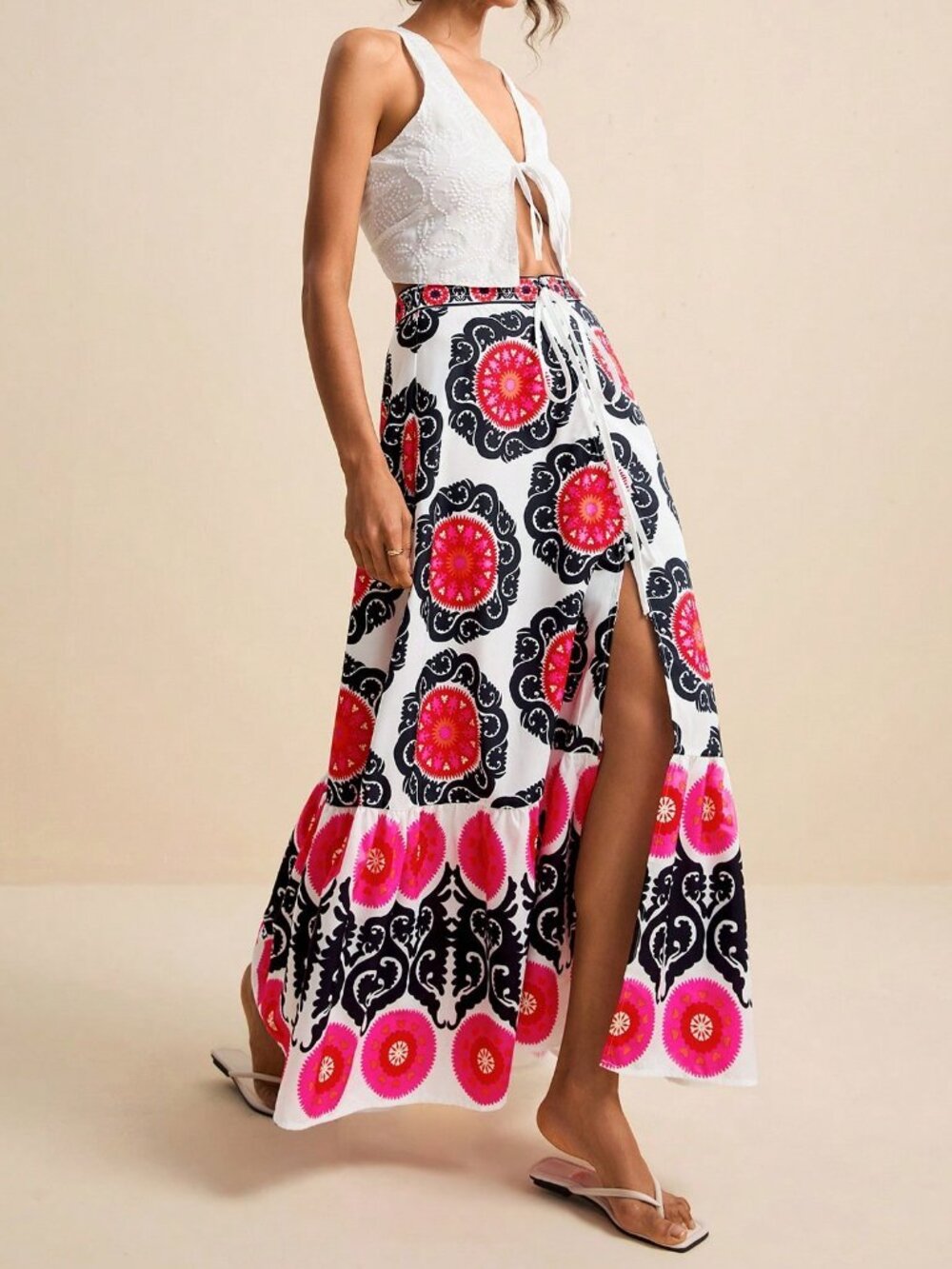 Multicolor Boho Women's Floral Print  Twist Waist and High Slit Maxi Skirt - Picture 6 of 8